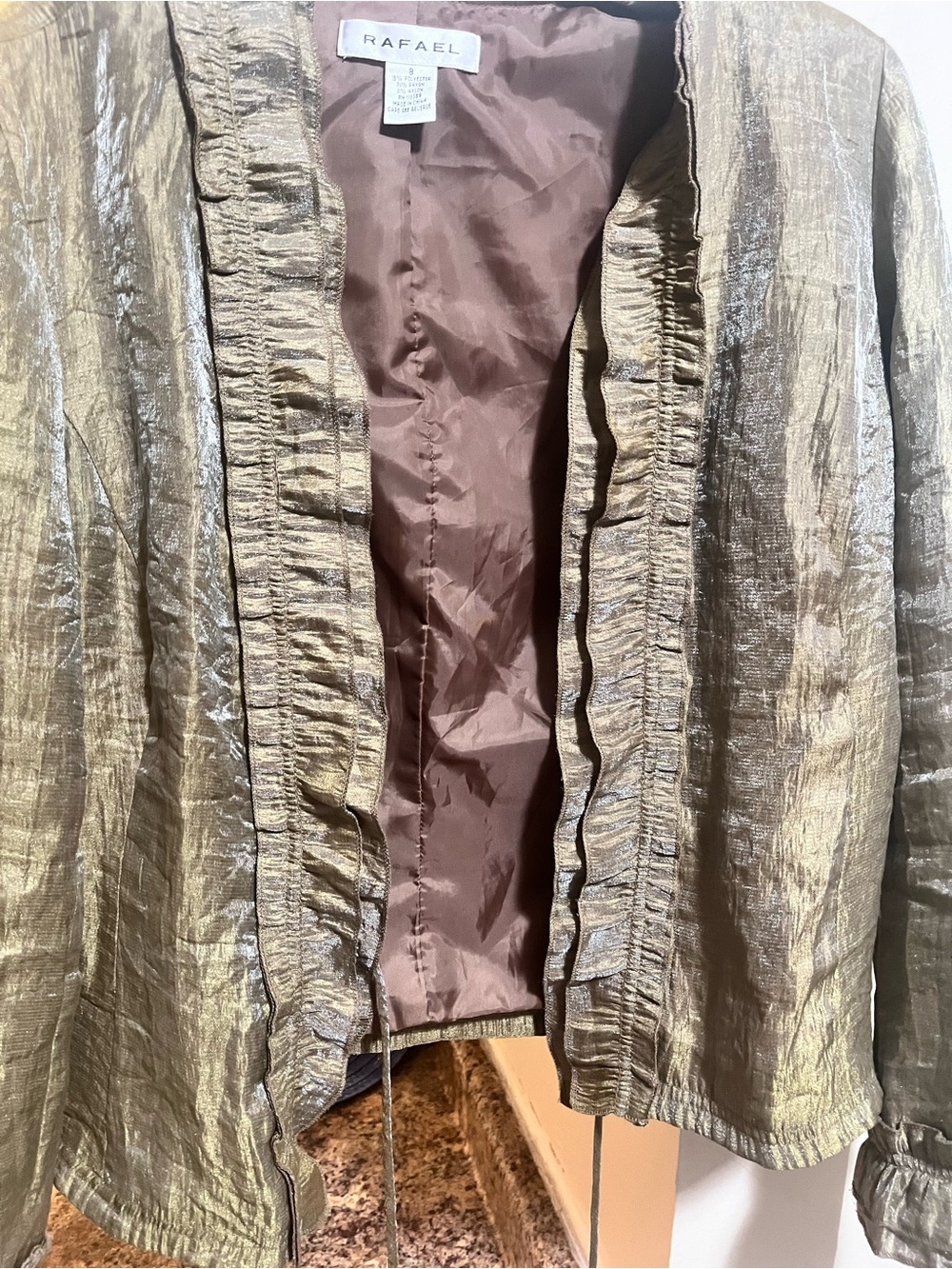 RAFAEL Gold Metallic Open-Front Ruffle-Trim Jacket